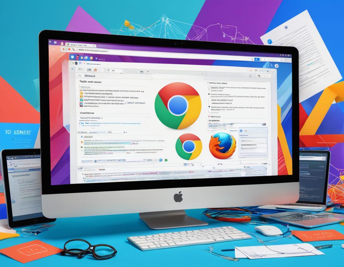 A dynamic collage showcasing various web browsers like Chrome, Firefox, Safari, and Edge on vibrant computer screens, surrounded by coding tools, magnifying glasses, and digital checkmarks, symbolizing thorough testing. The background features interconnecting lines, representing a web of interconnected tools and techniques. modern illustration style. vibrant colors. 3D elements.