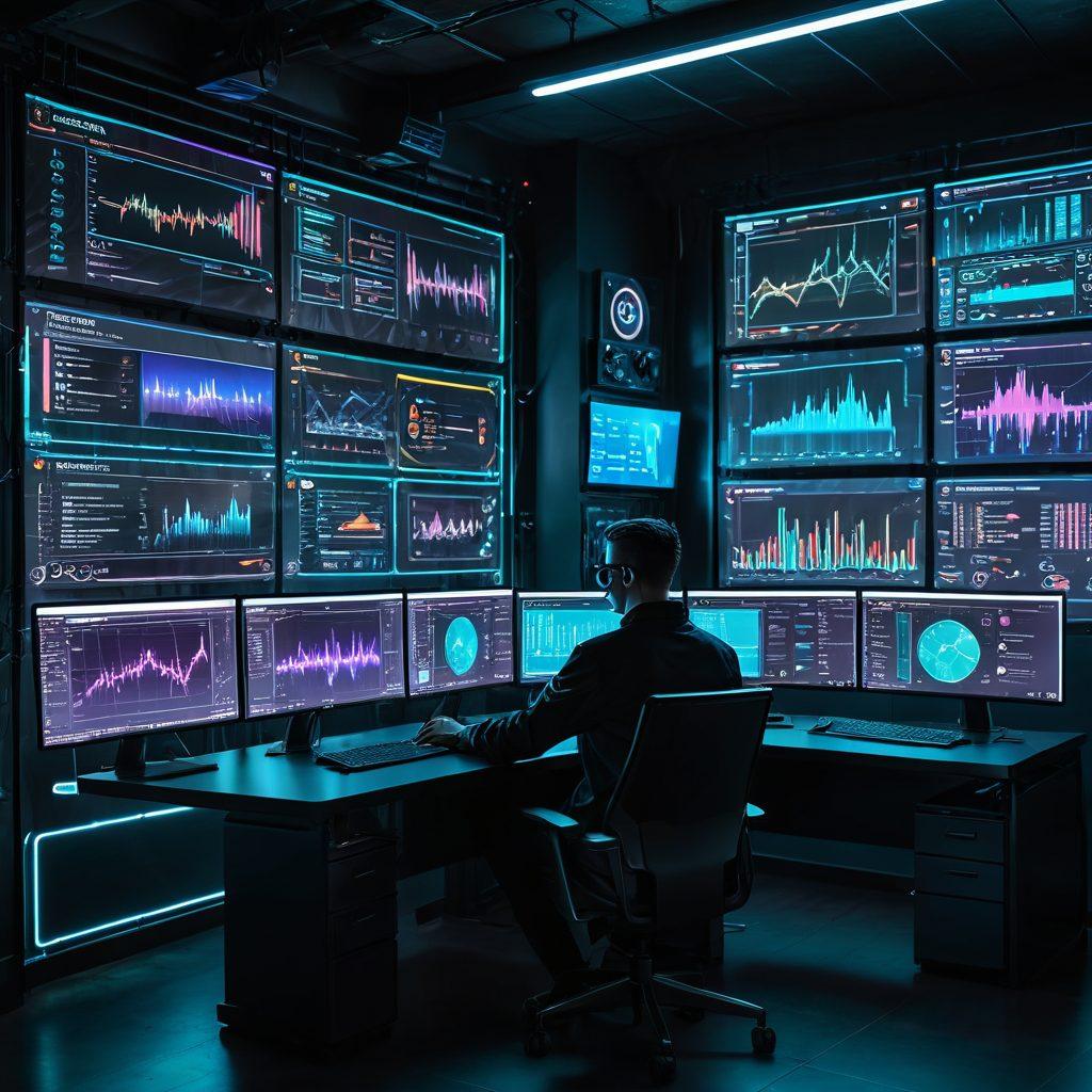 A futuristic workspace with multiple screens displaying various web browsers, each running the same web application. Include holographic interfaces and digital charts highlighting compatibility issues being resolved. Show a developer operating the setup with ease. cyberpunk. vibrant colors. high-tech environment. 